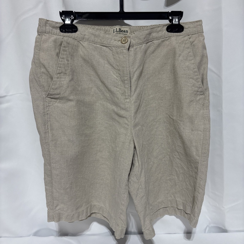 LL Bean Mens Size 30 Tan Linen Elastic Shorts With Pockets Elastic On Back Waist
